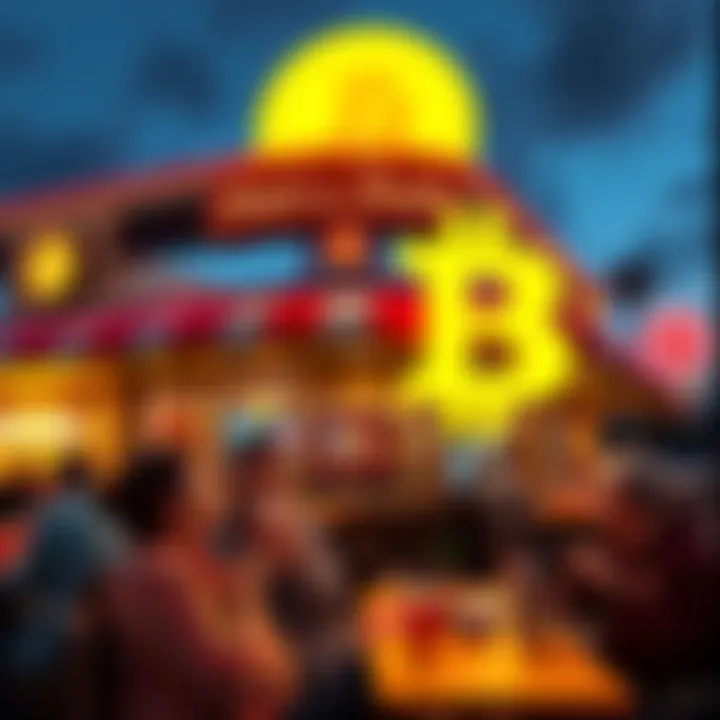 A Steak n Shake restaurant with people enjoying meals and Bitcoin symbols in the background