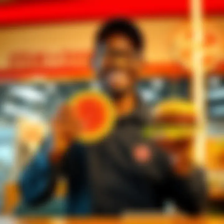 A happy hourly employee at Steak n Shake holding a Bitcoin symbol and a burger, celebrating the new Bitcoin bonus policy.