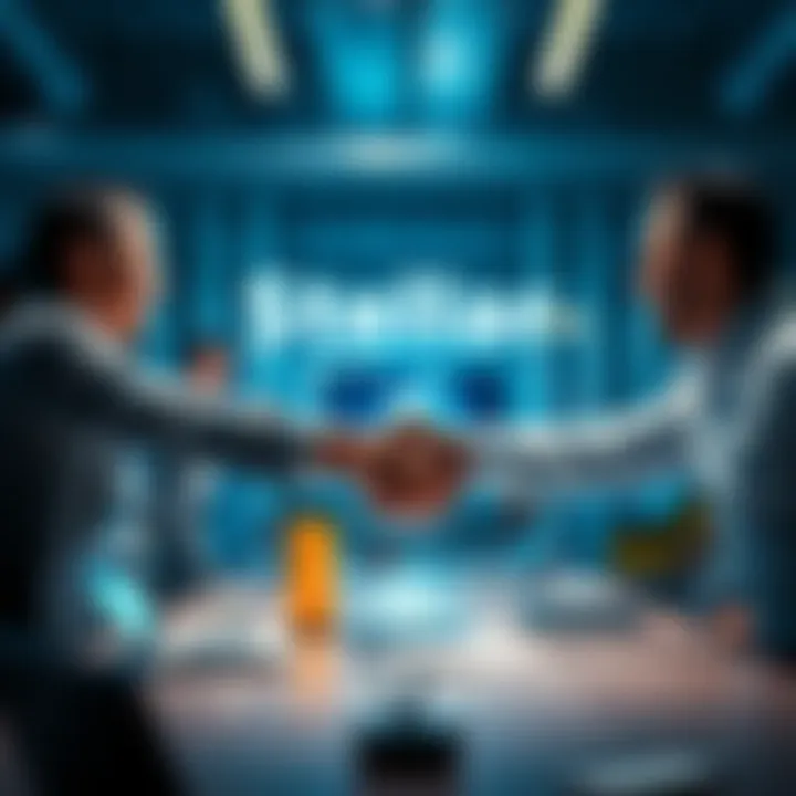 Stellar and payroll platform representatives shake hands in a business meeting, celebrating their new partnership for enterprise solutions.