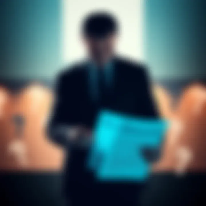 A silhouette of a man in a suit looking at financial documents, surrounded by question marks, symbolizing questionable business dealings