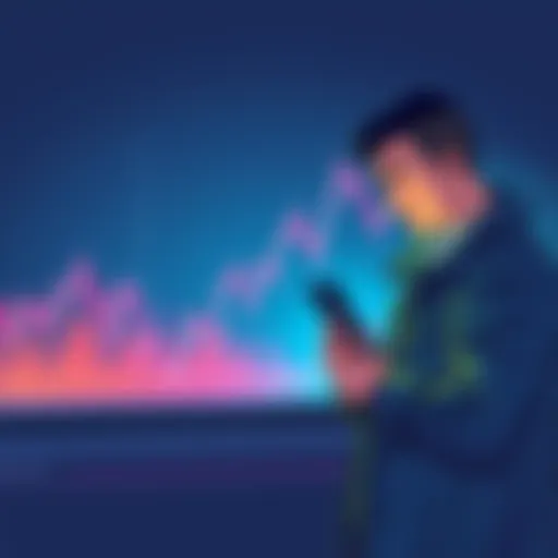 An illustration showing a downward trend in stock market graphs with a worried investor looking at their phone, symbolizing financial losses from buying the dip.