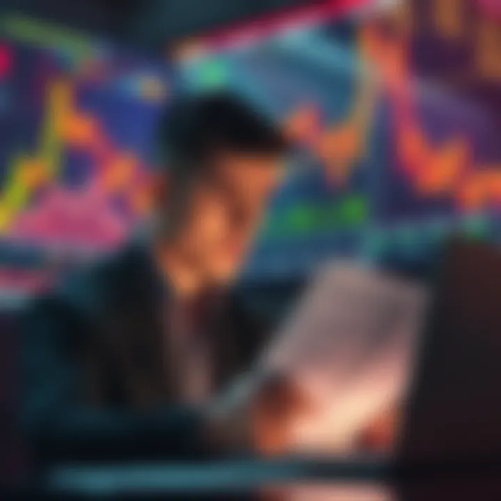 A person looking confused while reading investment advice on a laptop, with stock market graphs in the background.