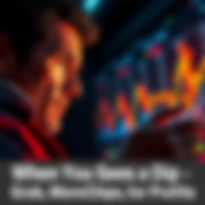 A person examining stock charts with a focused expression, considering buying more stocks as prices fall.