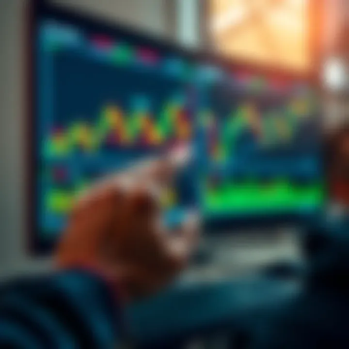 Stocks and Diamond Hands A person looking at fluctuating stock market graphs on a computer screen, showing signs of stress and determination as they handle market volatility.