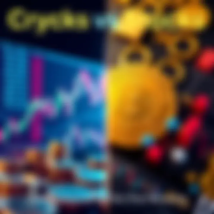 A split image showing stocks on one side with a chart and coins, and cryptocurrency symbols on the other side with digital coins and graphs.