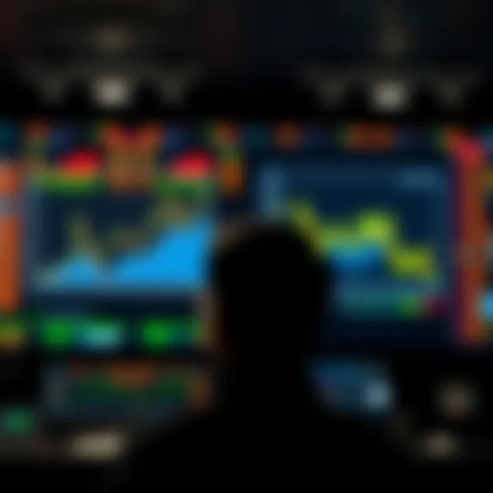 A person considering stocks and DeFi yields, looking at two separate financial graphs, one for traditional stocks and another for decentralized finance returns.