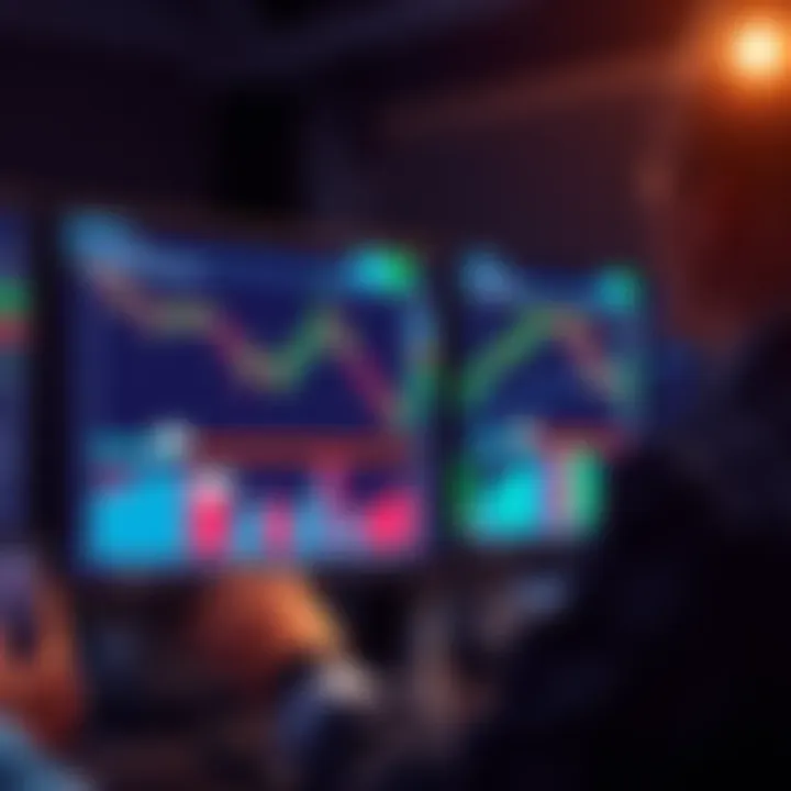 A trader looking at trading charts on a computer screen, showing conflicting stop loss and take profit indicators.