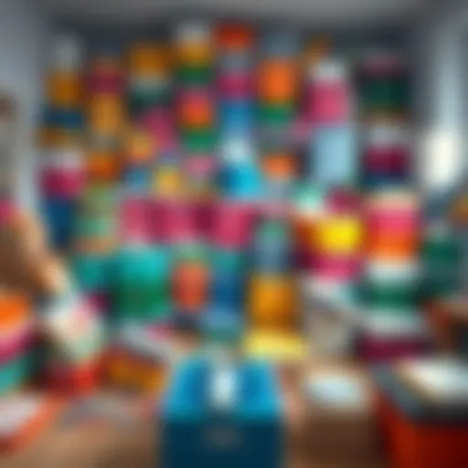 A humorous scene showing a room overflowing with colorful storage boxes and organizers, creating a chaotic yet funny environment.