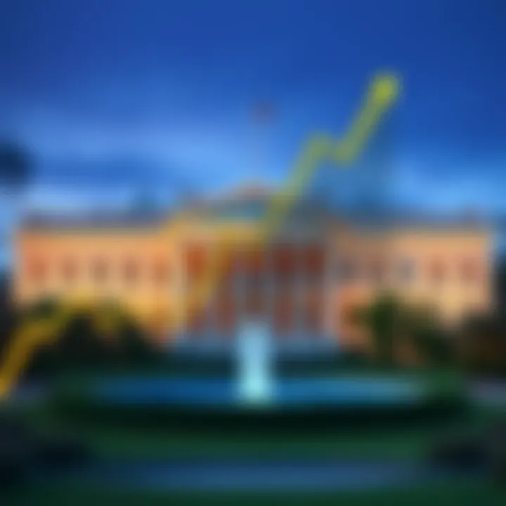 A graph showing Bitcoin rising with a backdrop of the White House, symbolizing economic strategy