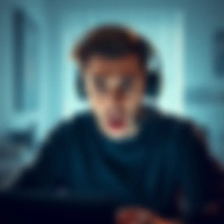 A streamer looks shocked after losing money in a cryptocurrency scam, with a dark room in the background symbolizing chaos, and a photo of his ex-girlfriend visible on his desk.