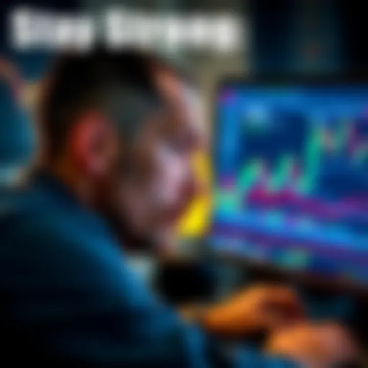 A determined man looks at Bitcoin charts on a computer screen, symbolizing resilience in finance.