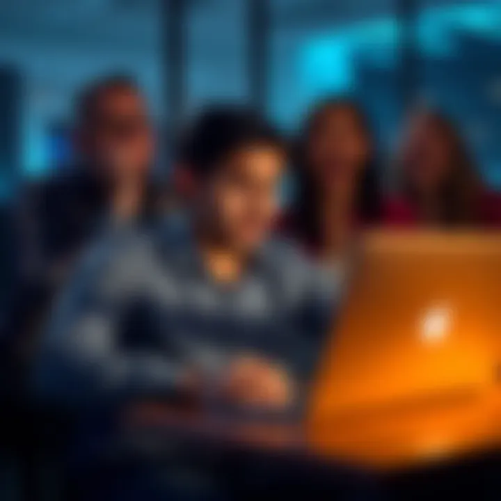 Individual sitting at a desk, looking worried while checking Bitcoin prices on a laptop, with friends laughing in the background