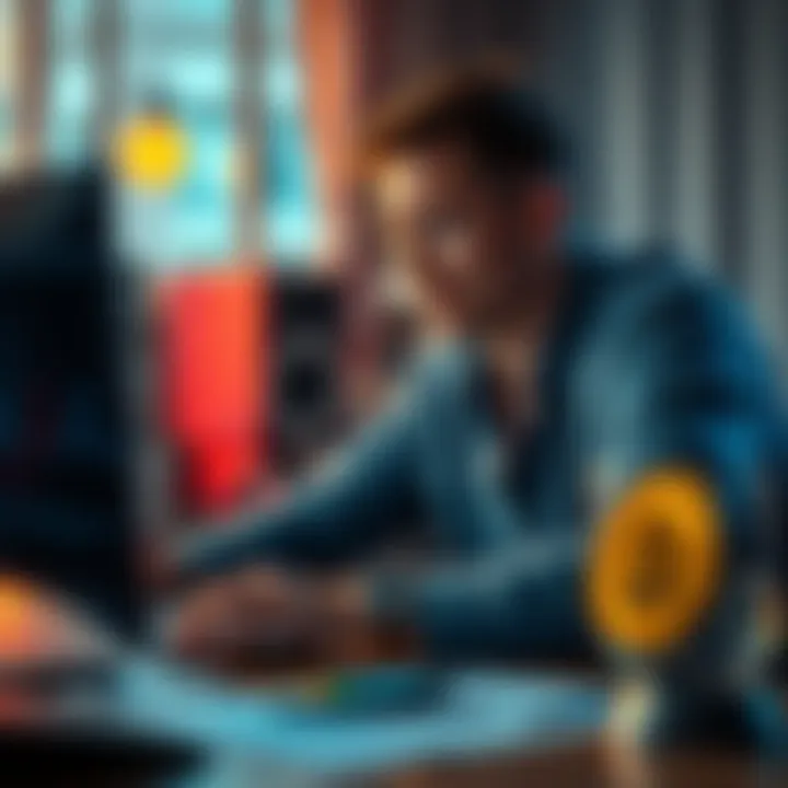 A concerned person sitting at a computer, looking anxious while reviewing Bitcoin values. Medical bills and a hospital image are visible on the screen.