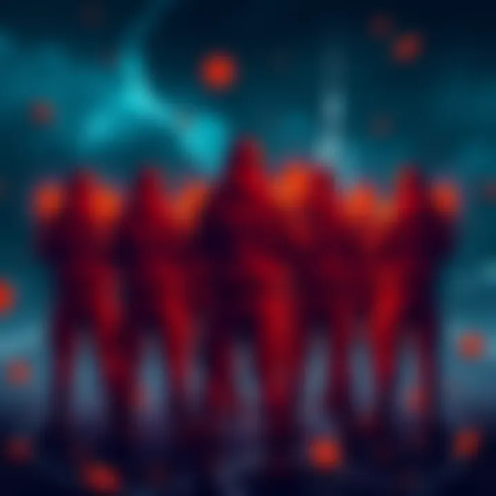 A group of determined investors confidently holding DOT tokens, standing against stormy market conditions, showcasing resilience and strength.