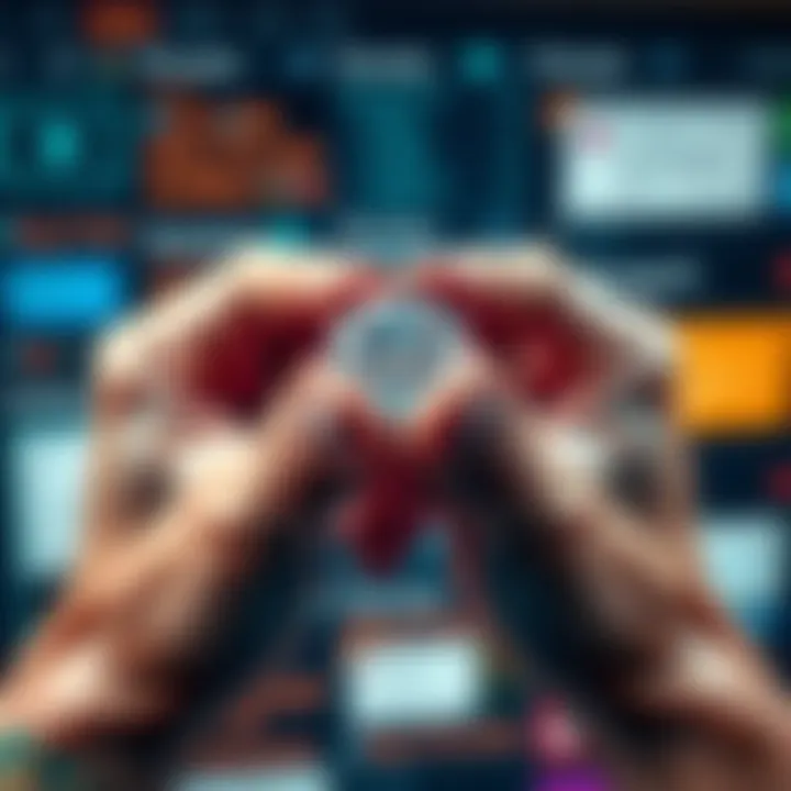 A close-up of hands gripping a sparkling diamond tightly, symbolizing resilience and commitment. The background features a blurred image of online discussion forums.