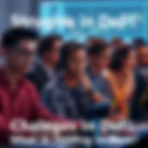 A group of diverse people looking worried while analyzing financial charts on computers, representing challenges in decentralized finance.