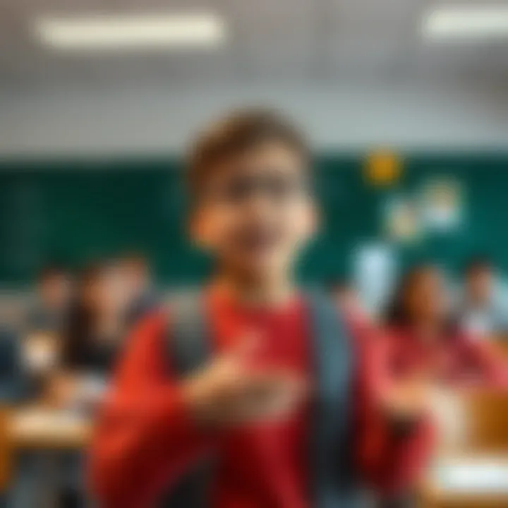 Student in classroom discussing knowledge A student confidently shares his understanding of the curriculum in front of surprised teachers in a classroom setting