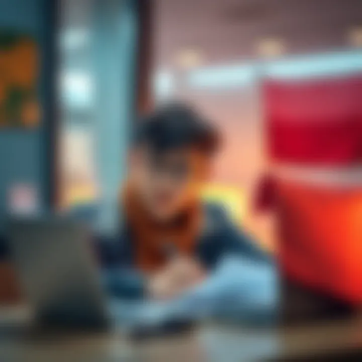 Student opening a bank account in Poland A young student sitting at a desk, filling out a bank account application with papers and a laptop, looking focused