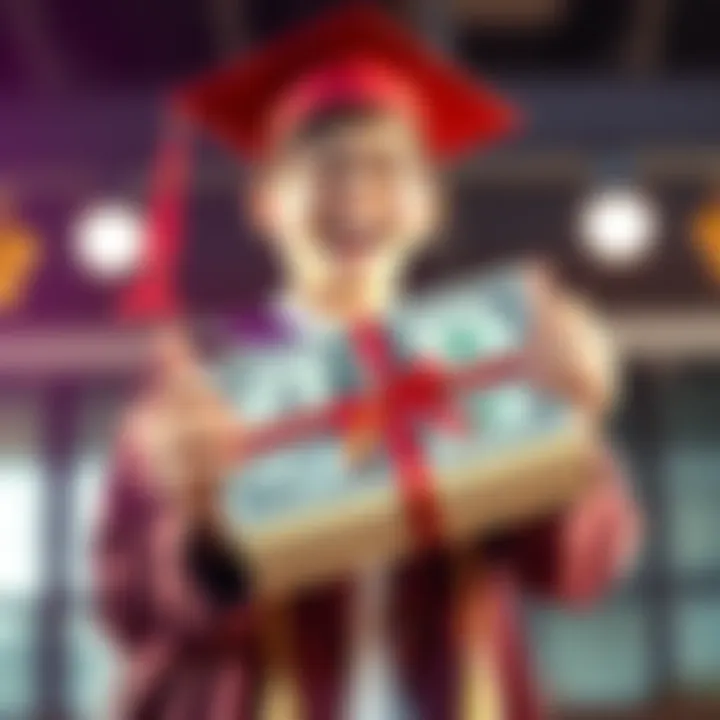 A student excitedly holds a large cash gift from parents, with a graduation cap on their head and a bright smile, symbolizing the celebration and new financial opportunities.