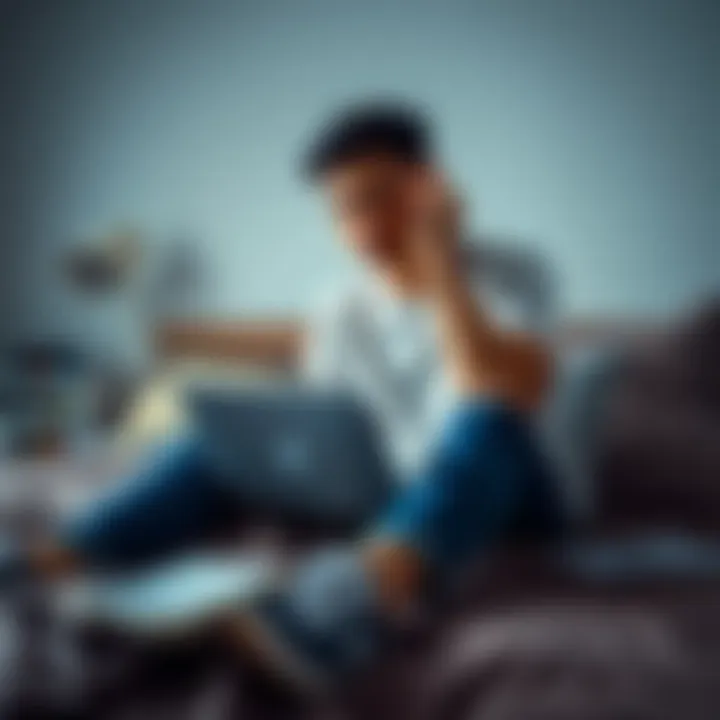 Student looks worried about finances University student sitting on a bed with bills and a laptop, looking stressed about their crypto investments