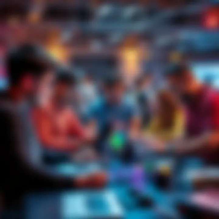 A group of students working together on laptops at a hackathon event, brainstorming ideas and creating projects.