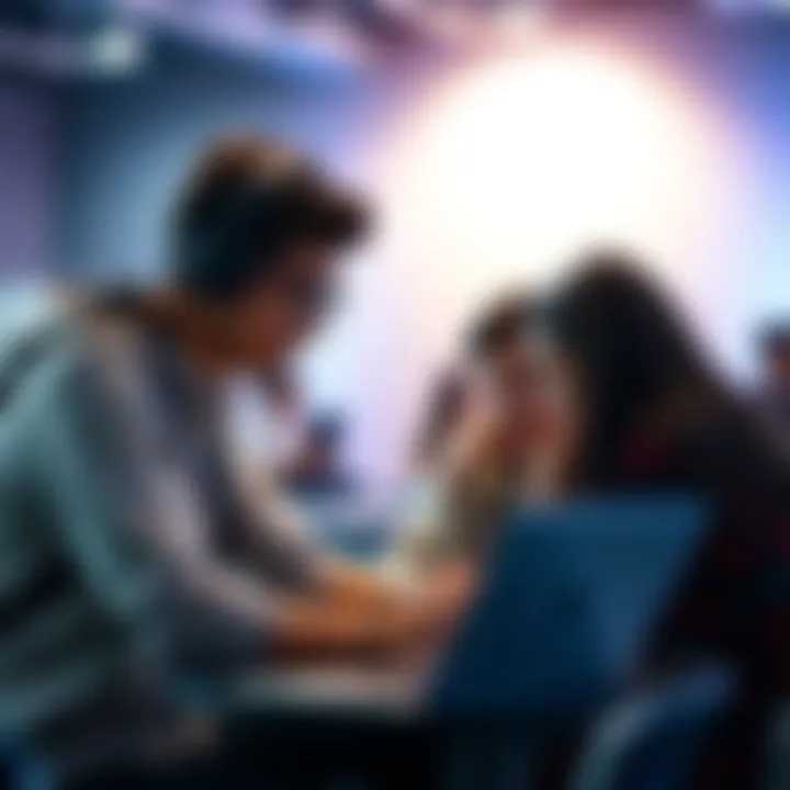 A college student mentoring a diverse hackathon team, discussing project ideas on a laptop during a workshop.