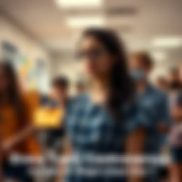 High school student standing frustrated in a modest outfit, looking at school officials, surrounded by peers