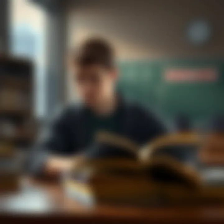 A student is sitting at a desk, looking thoughtful while studying books related to difficult subjects in 11th grade.