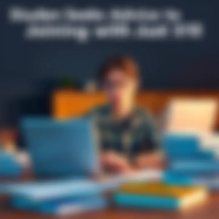 A student sitting at a desk with a laptop, looking thoughtful while considering joining a group with limited funds, surrounded by notebooks and books.