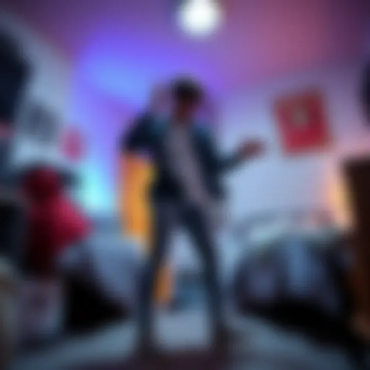 A college student dances in a small dorm room, looking frustrated about noise and space limitations.