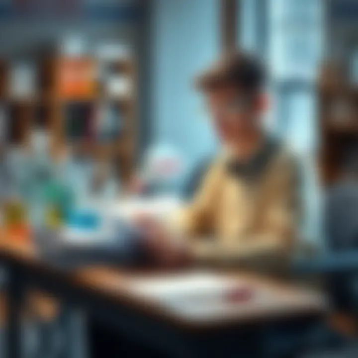 Student Studying Physics A student sits at a desk, focused on physics books and notes with biology and chemistry materials in the background, symbolizing their effort to improve in physics while excelling in other sciences.