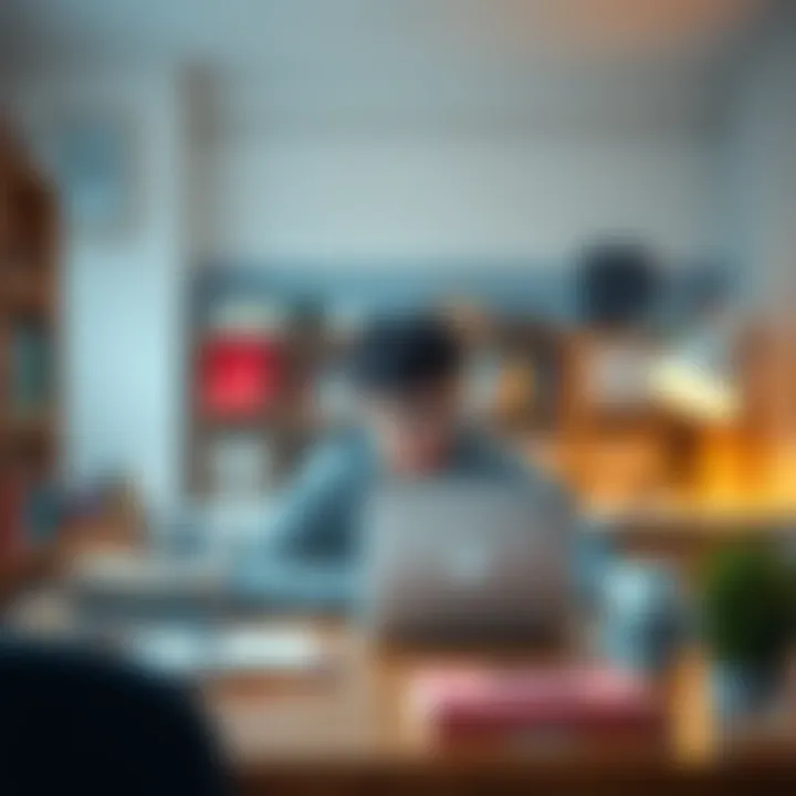 A student sitting at a desk with books and a laptop, concentrating on studying in a bright, organized space.