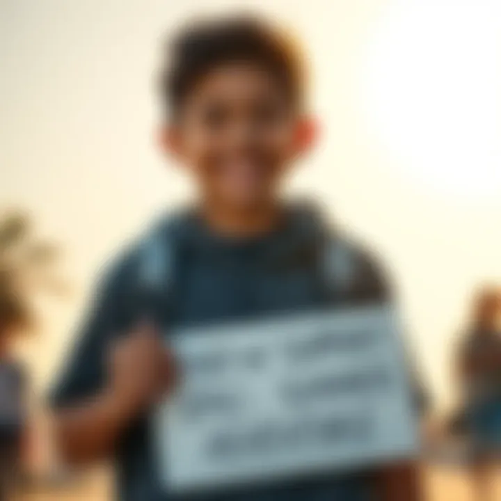 Student asking for support A student smiling and holding a sign asking for support for summer adventures, with a sunny background