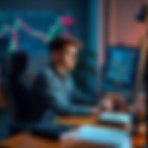 A college student sits at a desk with trading charts on the computer, contemplating a career in day trading, with books about finance nearby.