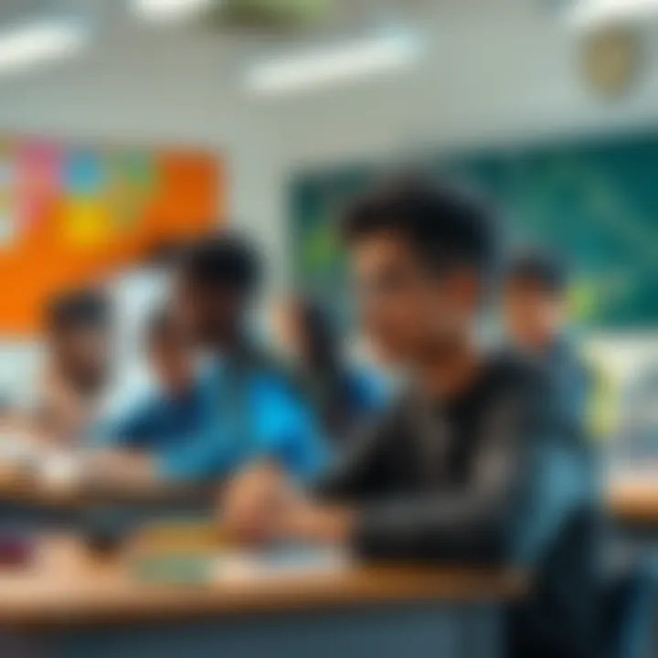 A diverse group of students engaged in learning core subjects with a teacher, focused on English, Math, and Science