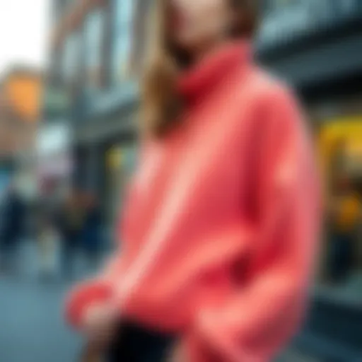 A model wears a thick, stylish non-boxy jumper that flatters the figure, showcasing a polished look ideal for UK fashion. The jumper features a chic design and vibrant color.