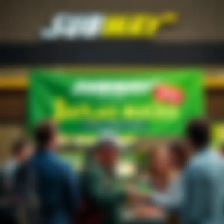 A Subway shop displaying a banner announcing 3 Atlas Bucks for every dollar spent with happy customers ordering sandwiches
