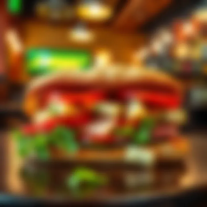 Freshly made Subway sandwich with vibrant vegetables and meats in a cozy restaurant setting