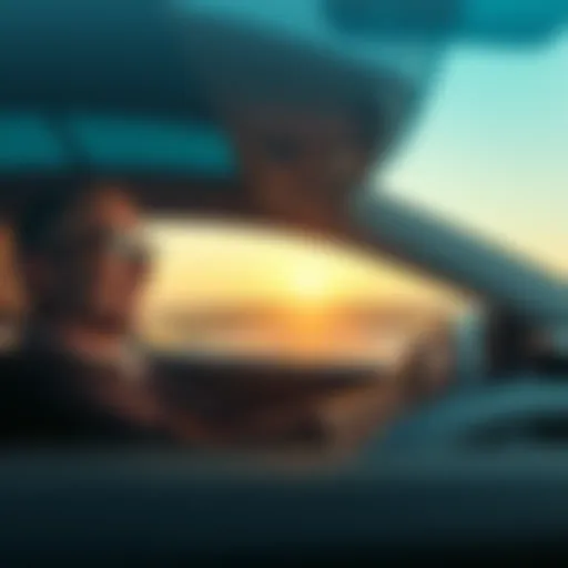 A person smiling while driving a car, with dollar signs visible on the dashboard, symbolizing earnings on a good day.