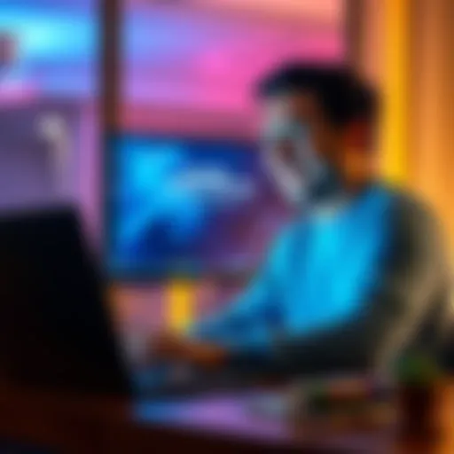 A person smiling while using a laptop, reflecting relief and joy after a successful software installation. The screen shows a completed setup message.