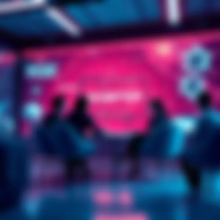 A visual representation of people discussing Sui Spheres and Hedera technology in a digital setting, showing contrasting opinions on a futuristic board.