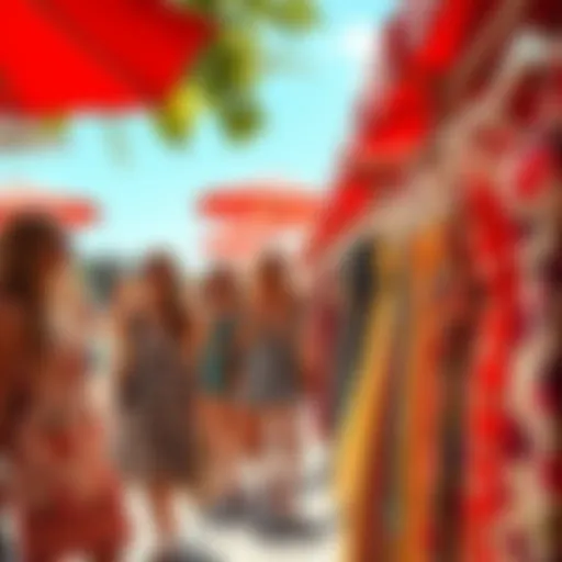 People enjoying shopping for colorful summer dresses in sunny weather