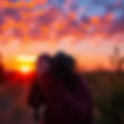 A photographer capturing a sunset using Nikon Z9 and Sigma 85mm lens, surrounded by natural beauty.