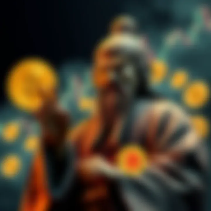 A representation of Sun Tzu strategizing with Bitcoin symbols and charts in the background, illustrating wealth tactics during bear markets.