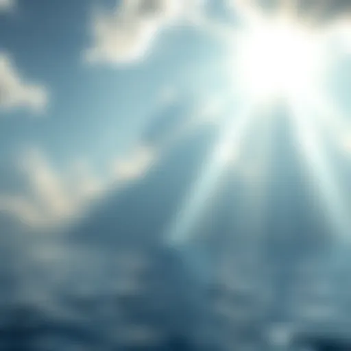 Sunlight breaks through clouds, creating reflection on water's surface with a cloudy backdrop.