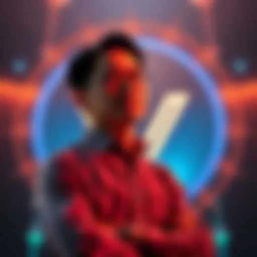 Sunny Lu standing confidently with a VeChain logo in the background, symbolizing innovation after a setback in the cryptocurrency world.