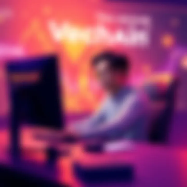 A man sitting at a computer, reflecting on his experiences with gaming and blockchain technology, with visual elements representing VeChain and innovation in the background.