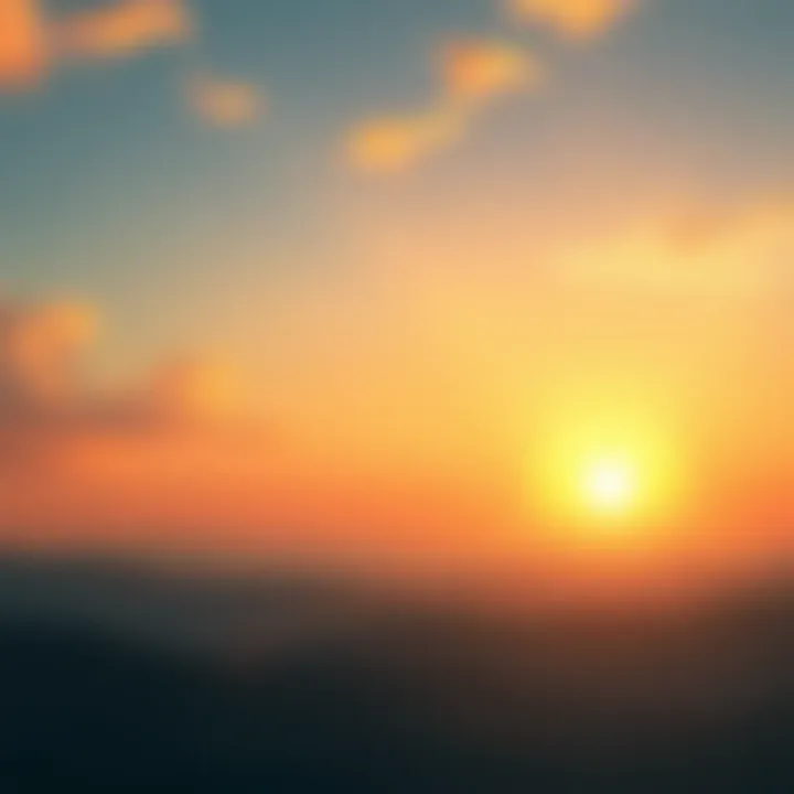 Sunrise Over Horizon A bright sunrise casts golden light over a calm landscape, symbolizing hope and new beginnings.