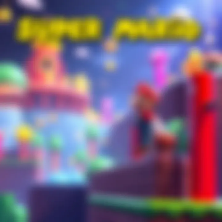 A vibrant scene from Super F Mario showing a character jumping over obstacles in a colorful game world, symbolizing joy and challenge.