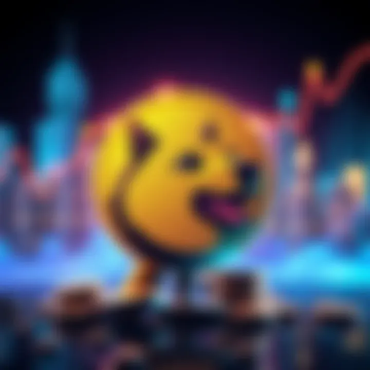 A graphic representation showing rising sentiment for Dogecoin with a dog symbol and coins